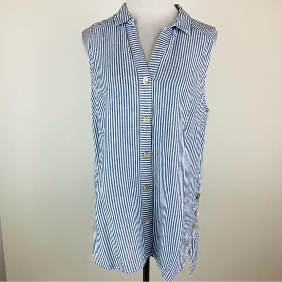 J. Jill Blue Striped Button Down Linen Shirt Medium - Picture 1 of 13